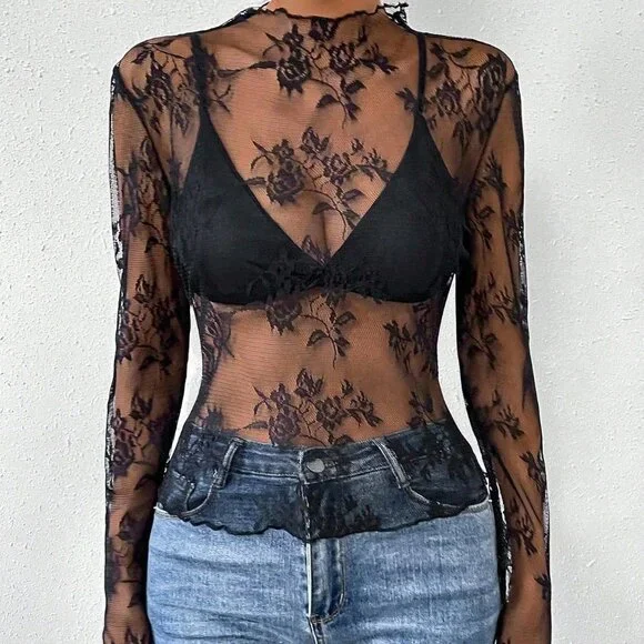 Black Sexy Women's Floral Lace Collar Long Sleeve Sheer Blouse - Picture 5 of 6